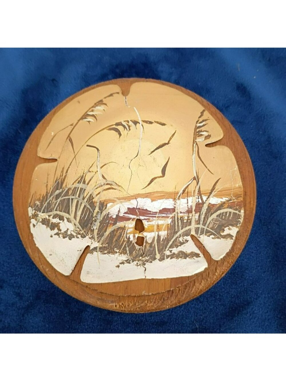 Vintage Hand-Painted Wooden Sand Dollar Wall Art With Coastal Scene Crack & Wear